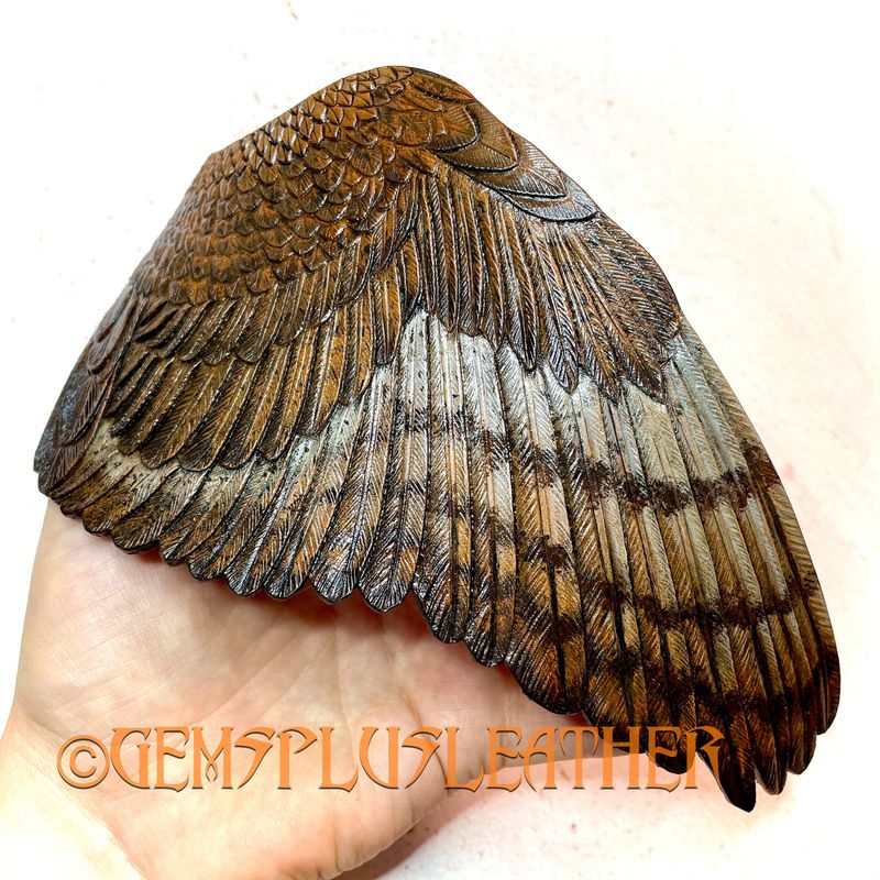 Owl wing shaped tooled leather cuff bracelet - Hand tooled leather jewelry by GemsPlusLeather