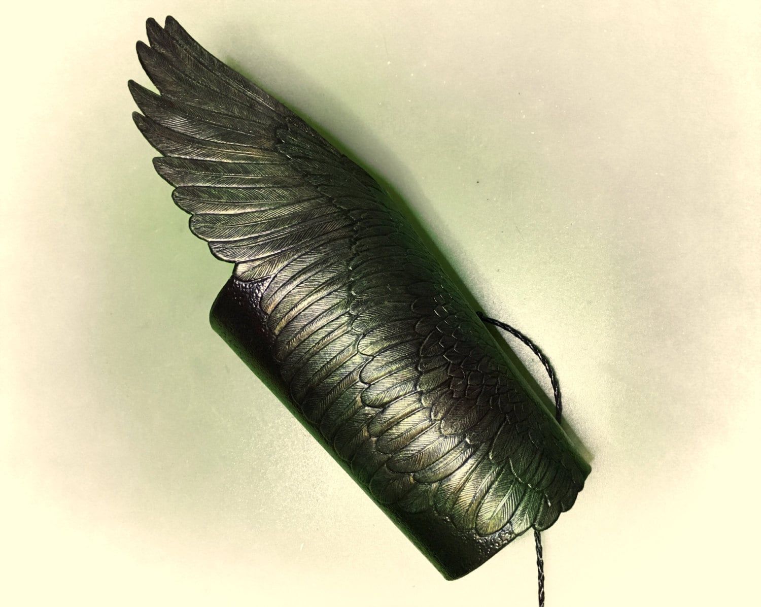 Tooled Leather Kea Parrot Wing Bracer with Olive-Green Metallic Sheen