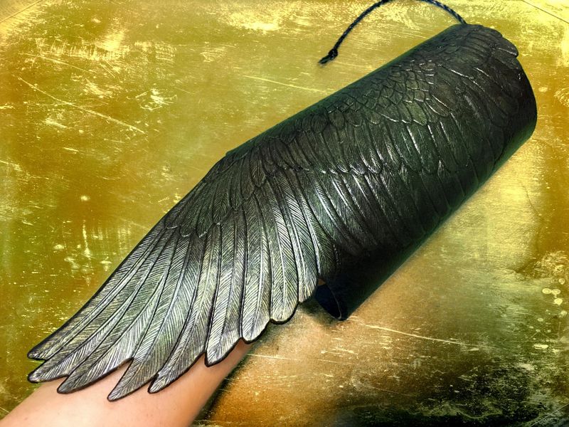 Hand-Tooled and Hand-Painted Leather Wing Bracer with Olive-Green Metallic Sheen - Kea parrot wing bracer - Leather wing cuff with lacing