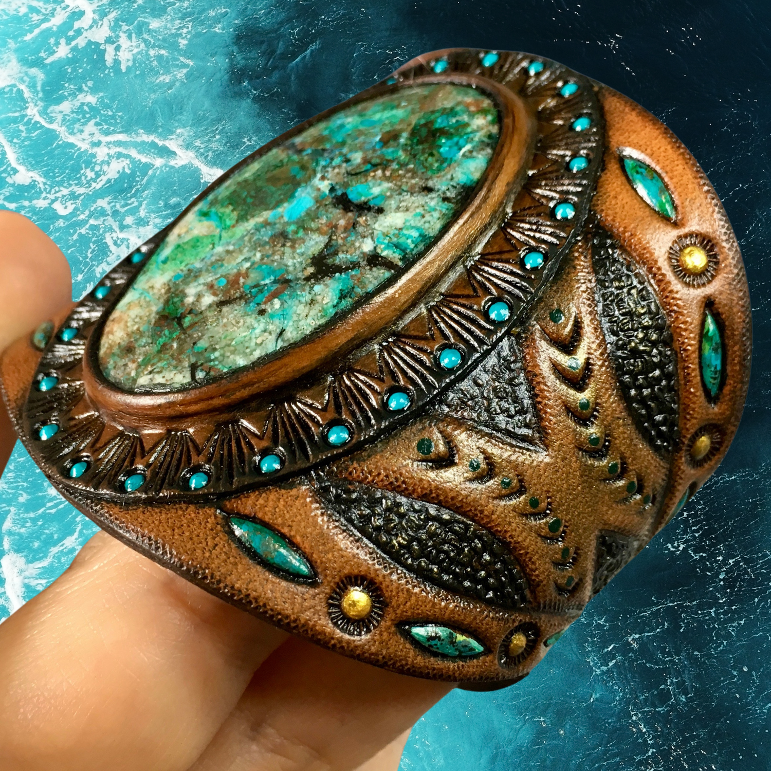 Hand tooled leather cuff bracelet with chrysocolla cabochon - Beach themed jewelry by GemsPlusLeather