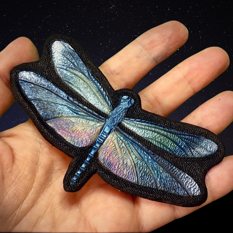 Blue dragonfly tooled leather hair barrette  - Artisan hair barrette - Original gift for her - Iridescent fantasy dragonfly  hair clip