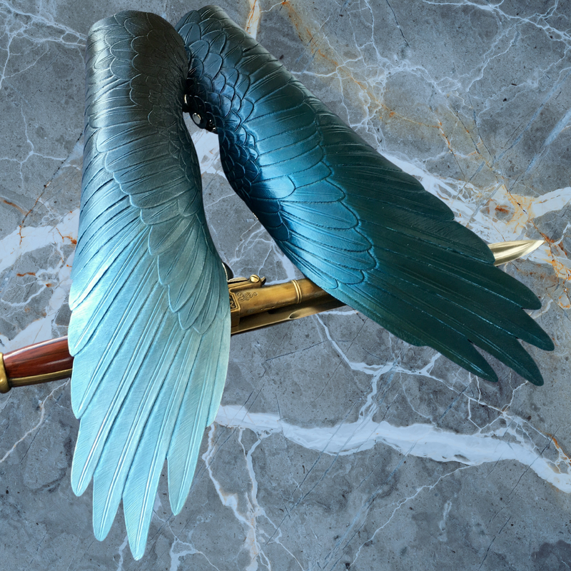 Tooled leather cosplay bracers - Pair of hand tooled leather wing shaped bracers for LARP - Fantasy wings with iridescent sheen for anime cosplay