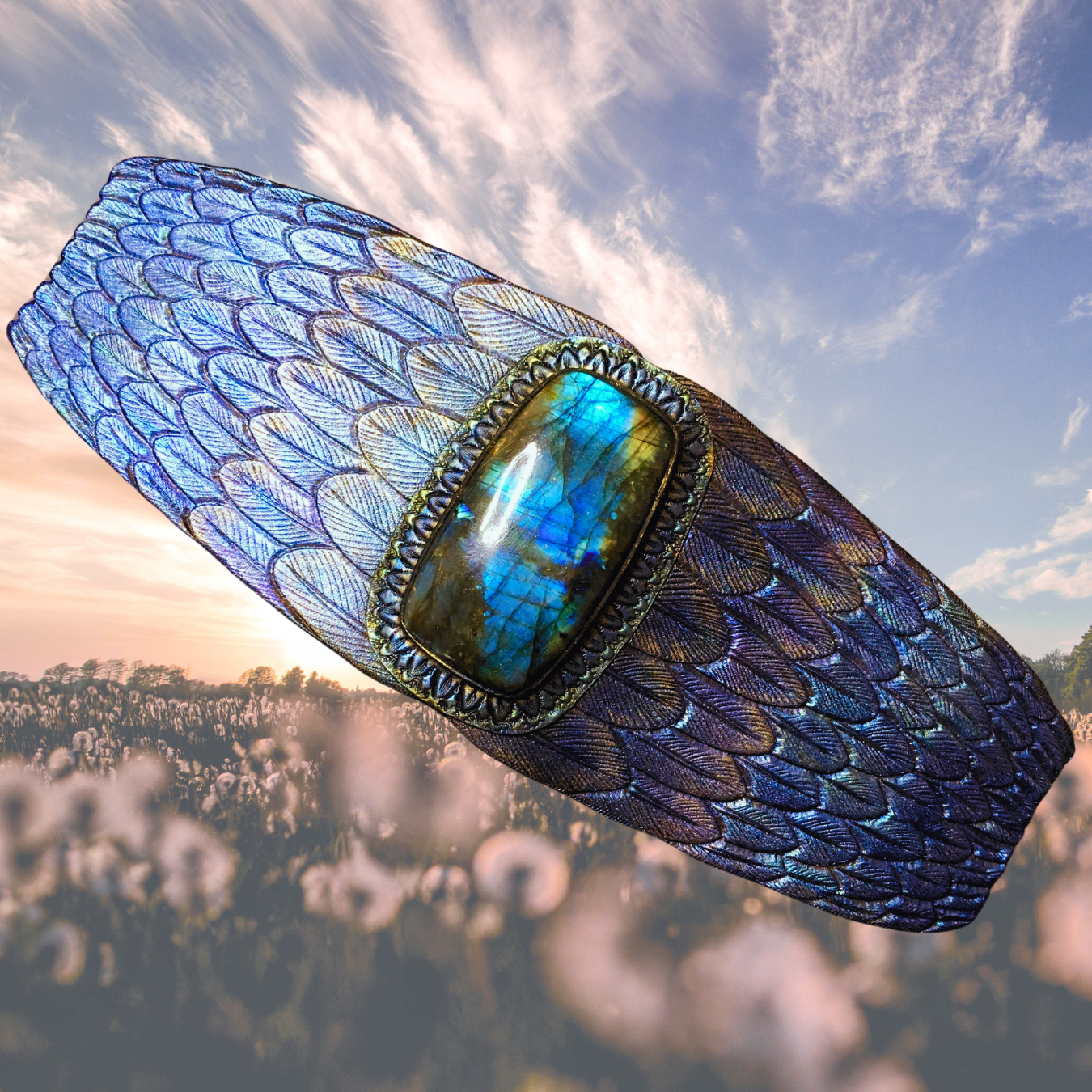 Exclusive tooled leather fantasy cuff bracelet with shiny blue labradorite and iridescent sheen - Stylish artisan jewelry by Gemsplusleather