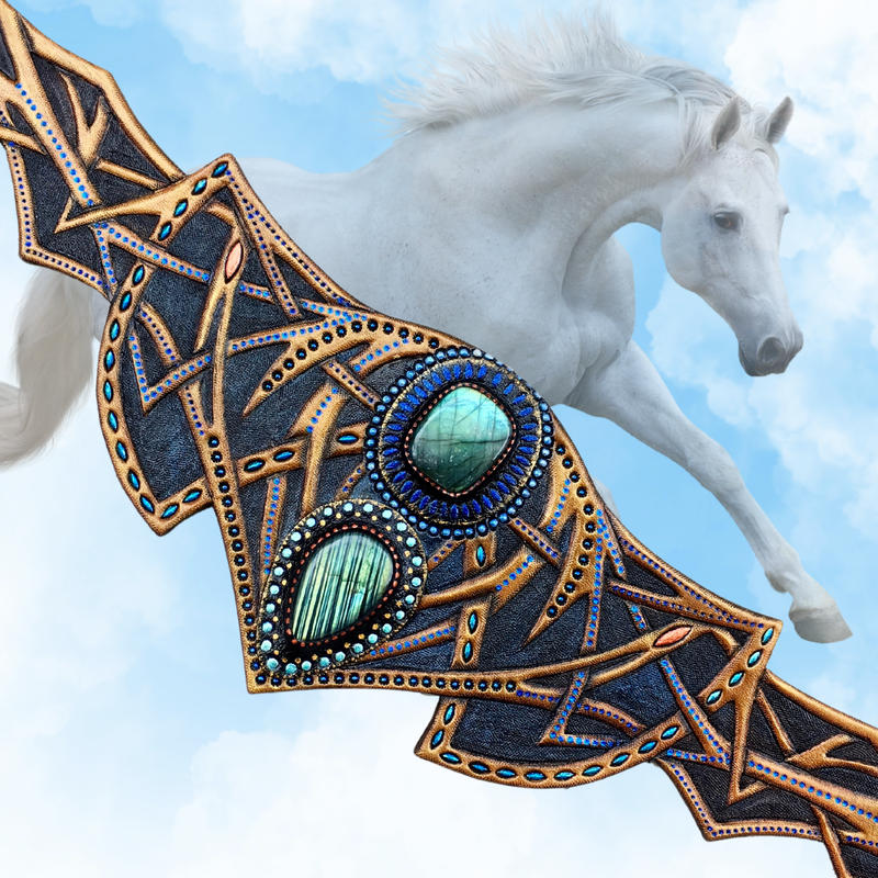 Exclusive tooled leather fantasy horse browband with labradorite cabochons - Stylish artisan accessories by Gemsplusleather