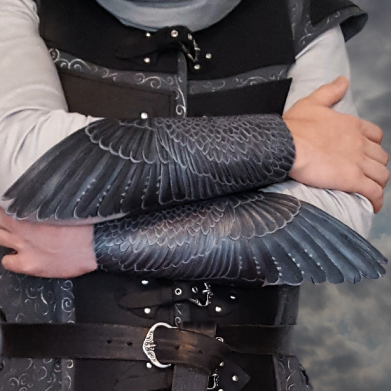 Tooled leather Falcon wings - Pair of hand tooled leather winged bracers with iridescent silver-blue-bronze sheen - Carnival, LARP, masquerade, cosplay, theater costume