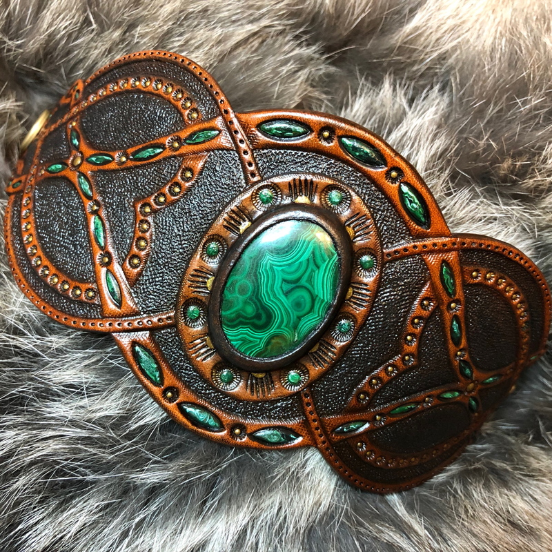 Hand tooled leather antique looking cuff bracelet with malachite cabochon - Stylish Boho jewelry by Gemsplusleather
