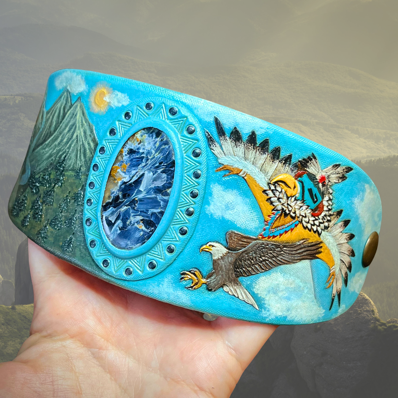 Tooled leather cuff bracelet with bald eagle, katchina, mountains and pietersite