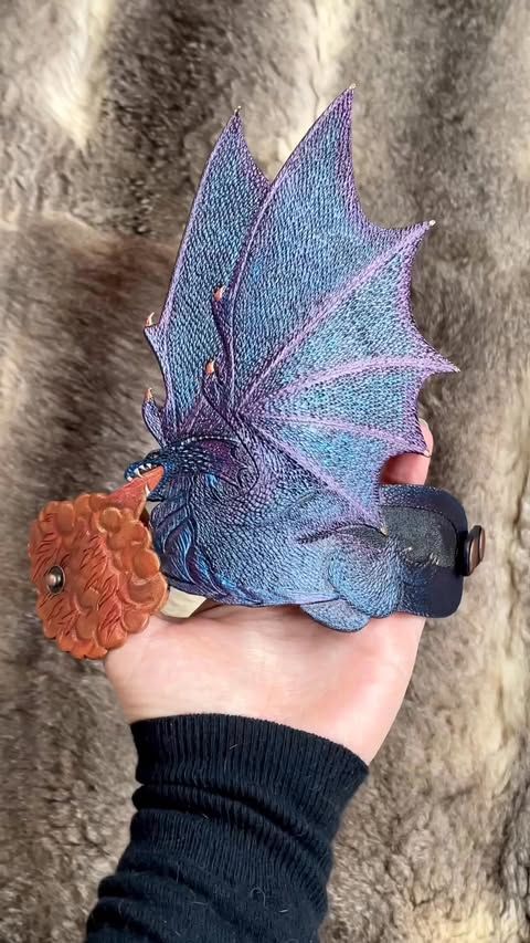 Tooled leather flying dragon cuff bracelet with iridescent blue and purple sheen - Artisan jewelry by GemsPlusLeather
