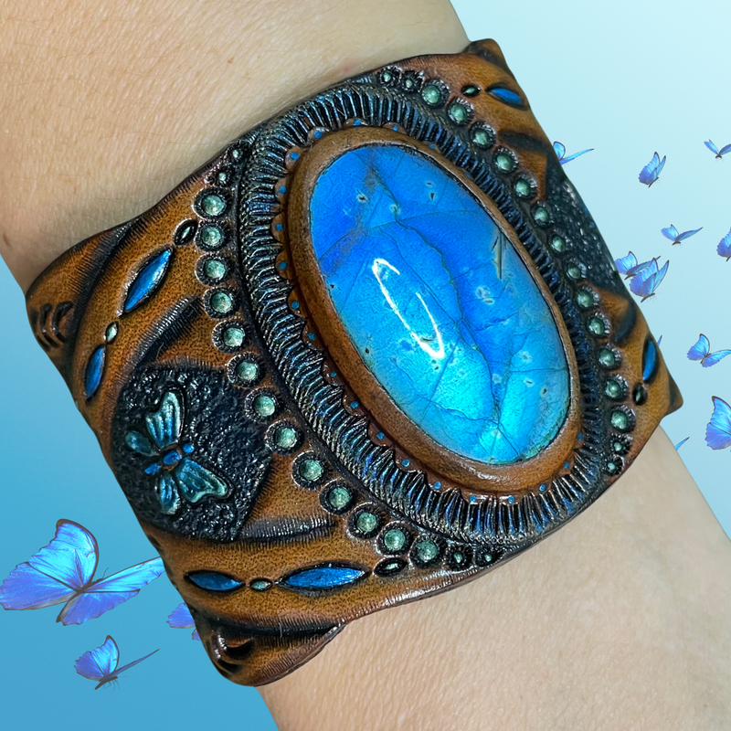 Tooled leather cuff bracelet with blue labradorite