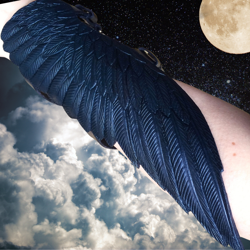 Tooled leather raven wing bracer - Black leather crow wing cuff bracelet / arm guard - Exclusive cosplay accessory