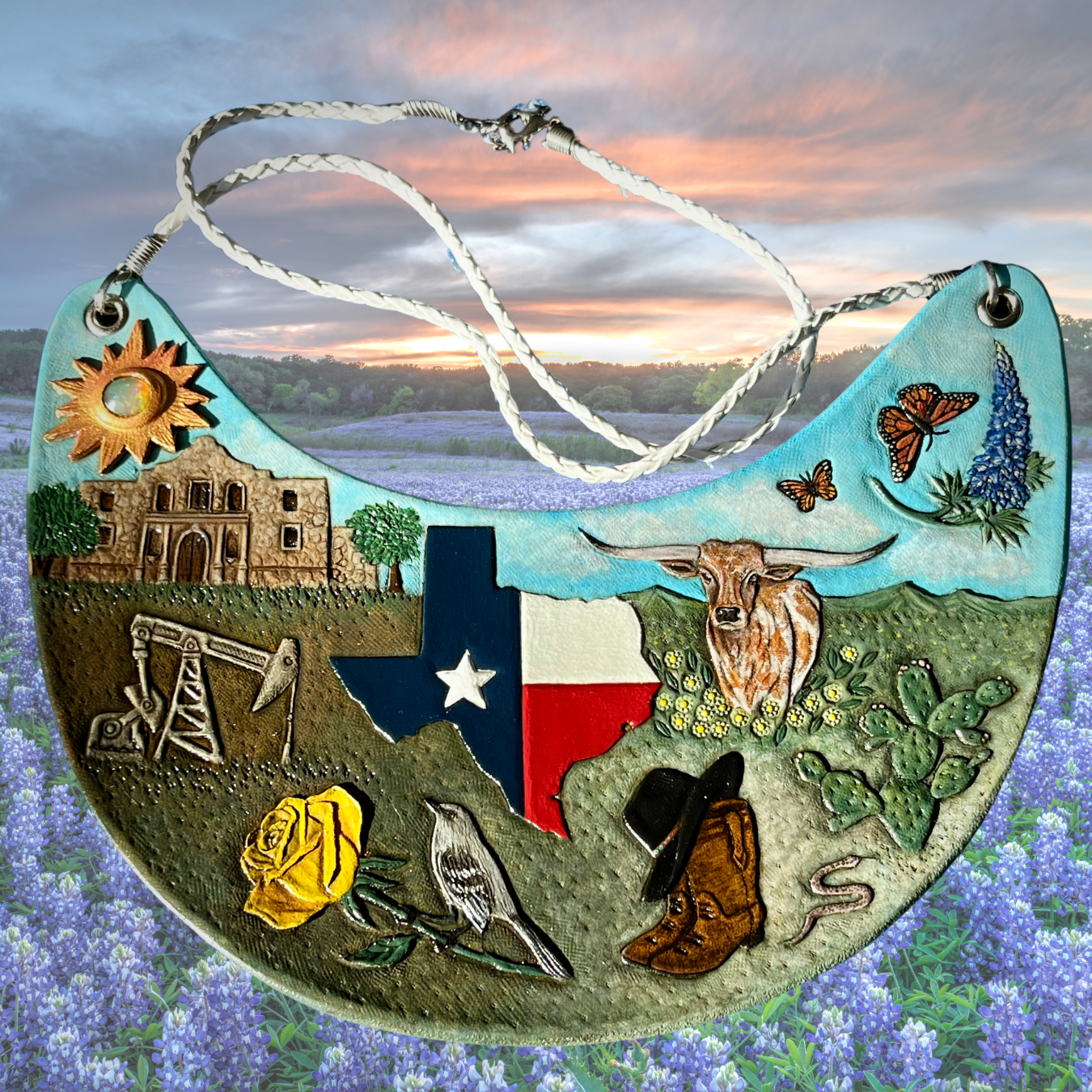 Tooled leather patriotic bib necklace with symbols of Texas and Ethiopian fire opal