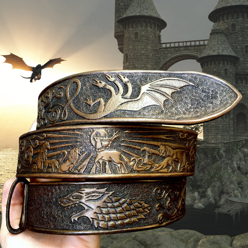 Tooled leather fantasy belt with bronze sheen - Exclusive fantasy gift - Custom made belt with Game of Thrones inspired ornament