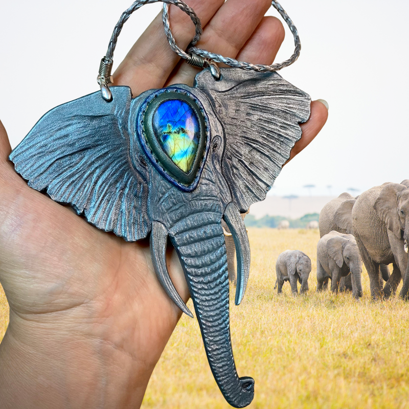Hand Tooled Leather Elephant Pendant with Rainbow Labradorite