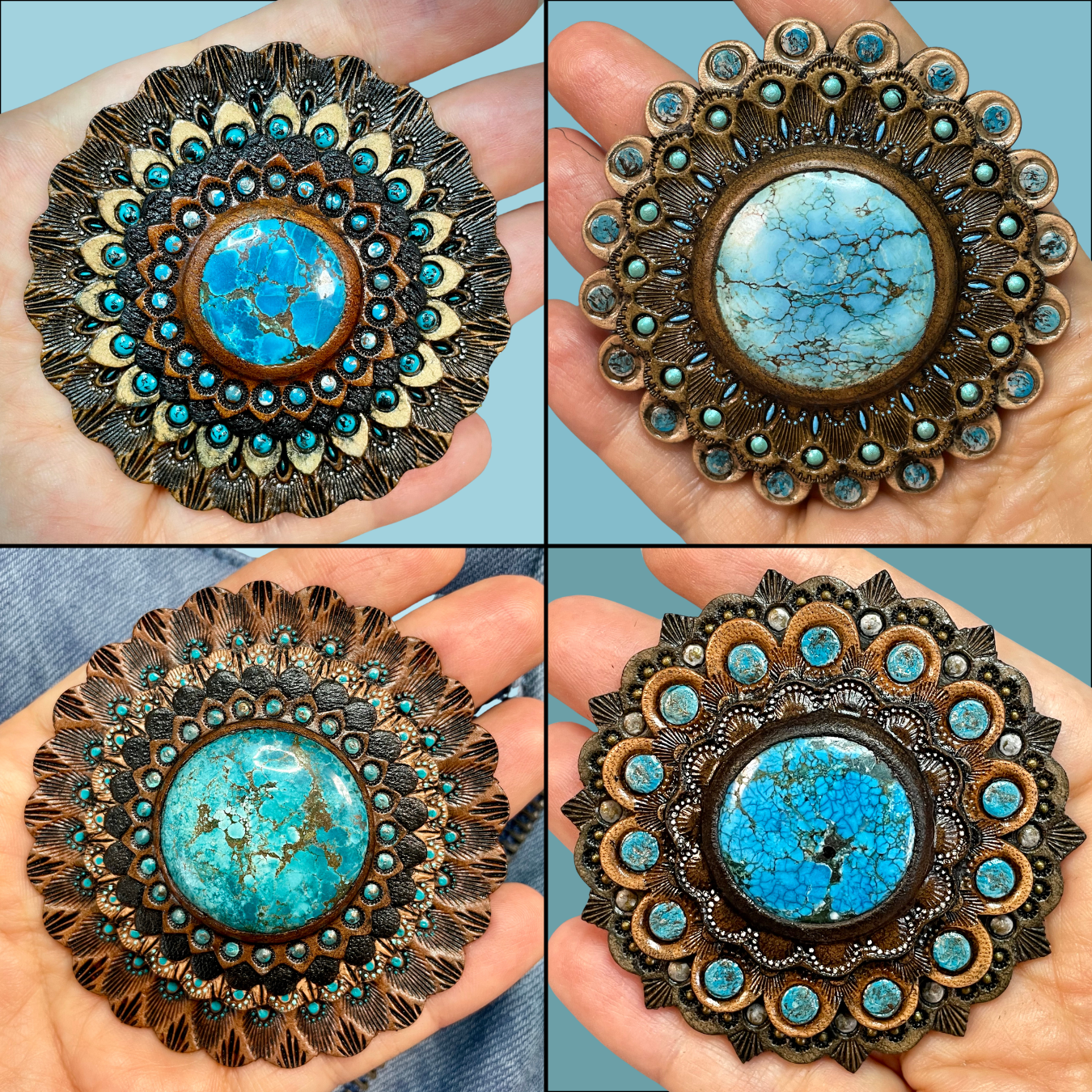 Tooled leather concho with turquoise - Natural gemstone accessory - Boho bag decoration - Bag accessory - Bag maker&#39;s supply
