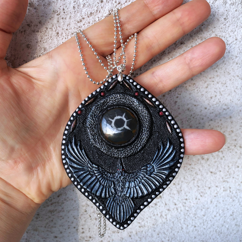 Tooled leather raven pendant with fantastic septarian and sterling silver chain - Dark fantasy jewelry - LARP, cosplay, Gothic jewellery by GemsPlusLeather