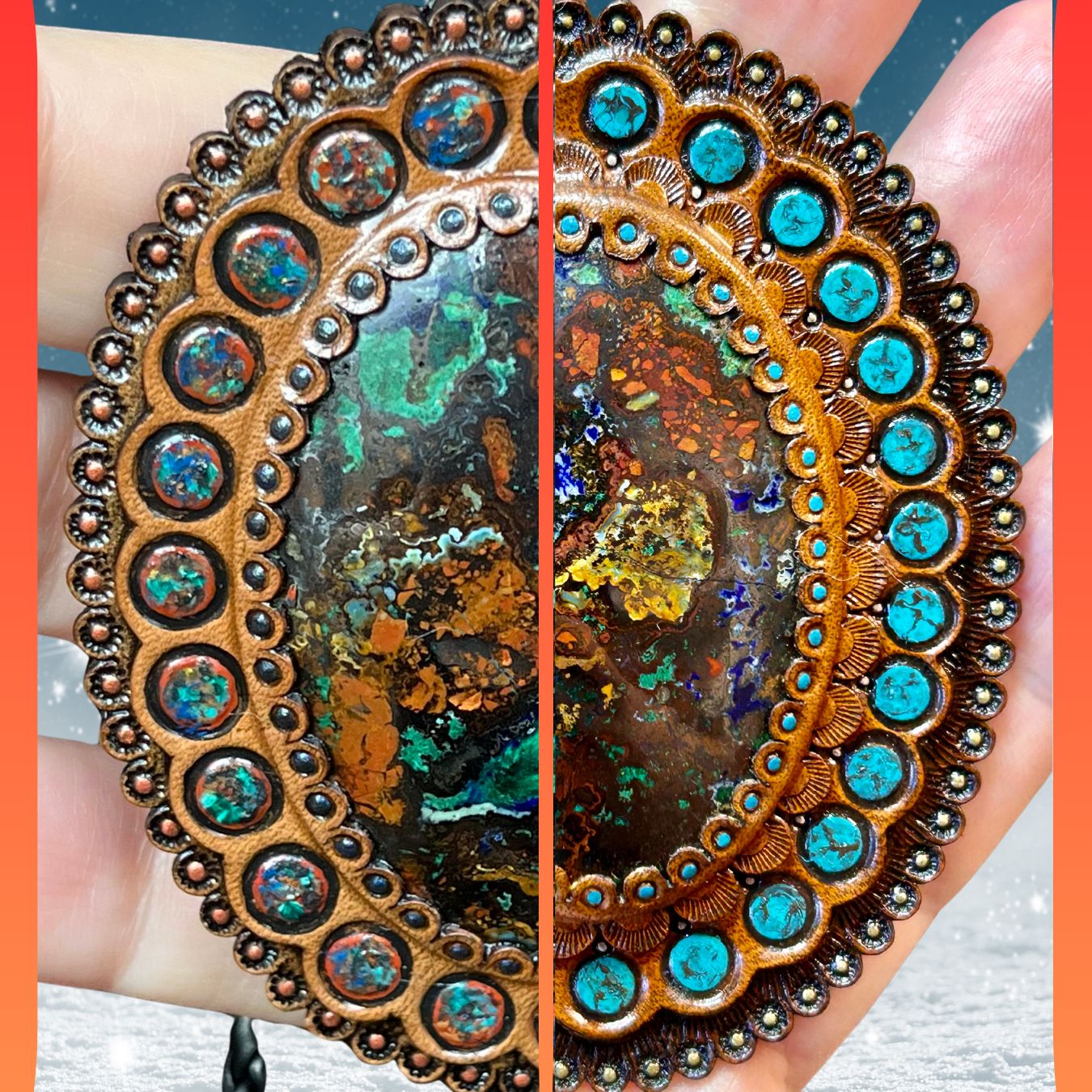Tooled leather concho with zarinite - Exclusive gemstone accessory - Bolo tie concho - Luxury accessory by GemsPlusLeather