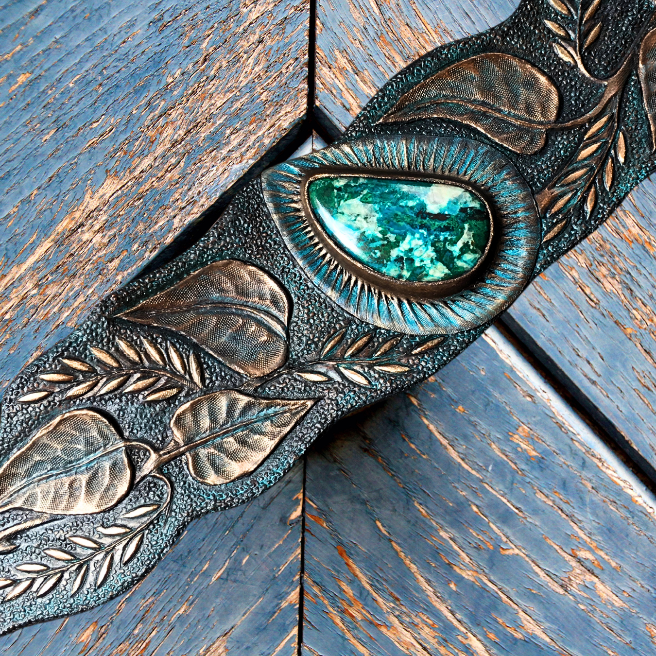Tooled leather cuff bracelet with chrysocolla