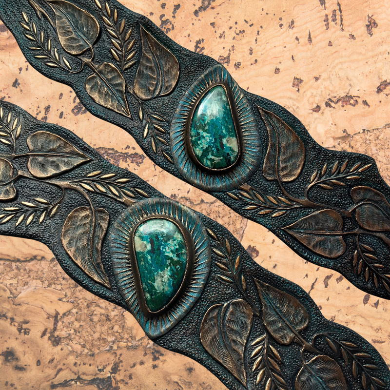 Tooled leather cuff bracelet with chrysocolla - Antique bronze looking jewelry by Gemsplusleather - Leather gift for her