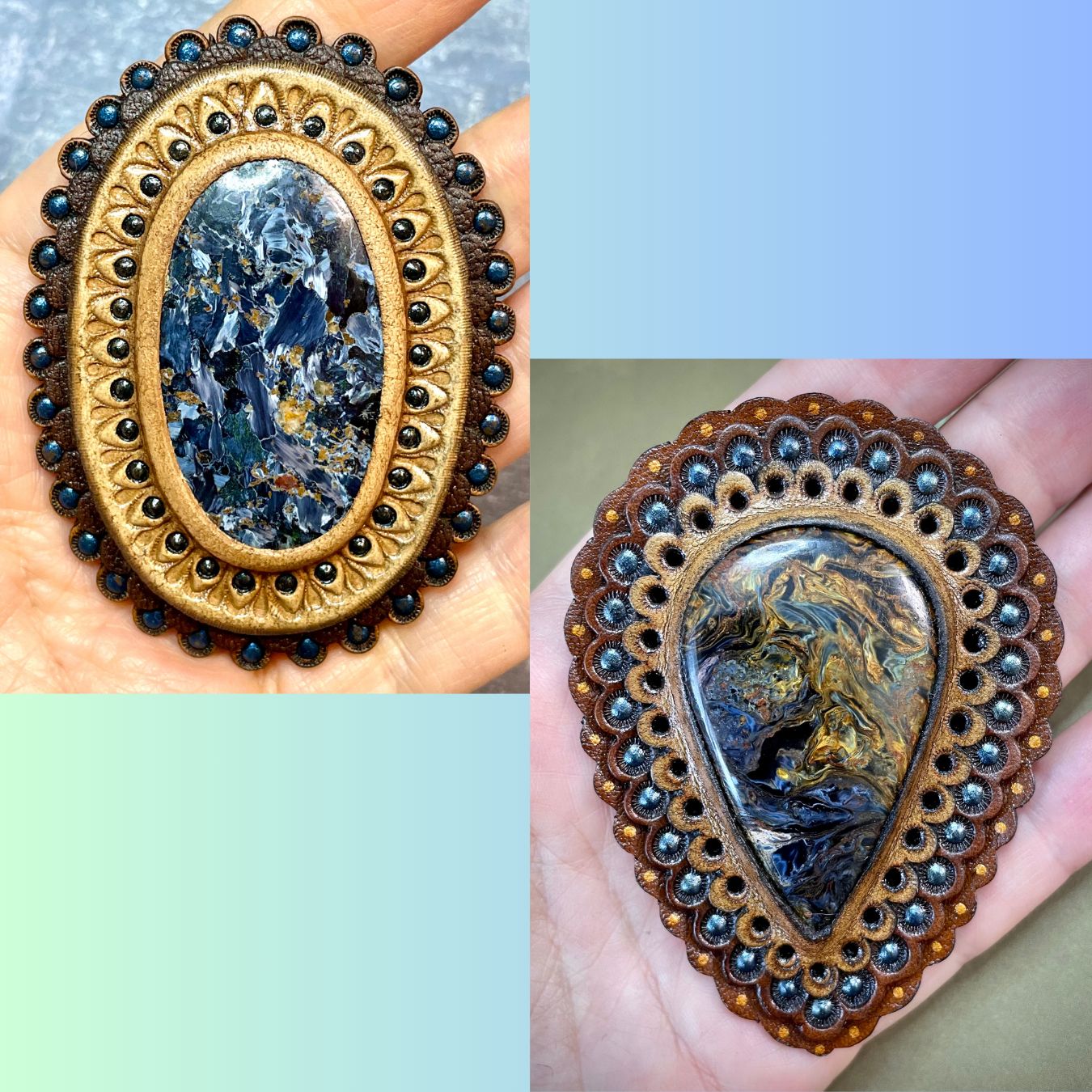 Tooled leather concho with pietersite cabochon - Exclusive gemstone accessory - Gemstone concho - Bag accessory - Bag maker&#39;s supply - Luxury accessory by GemsPlusLeather