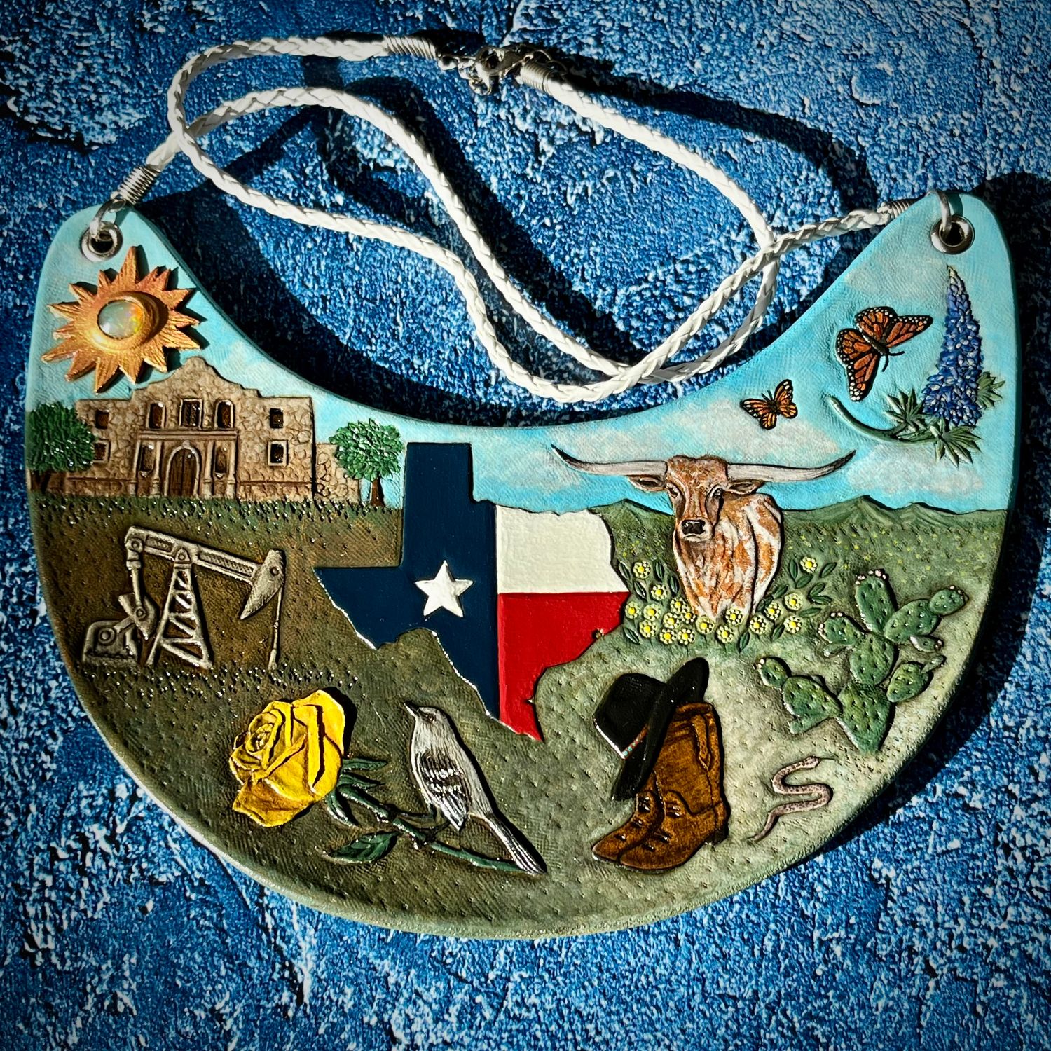 Hand tooled and hand painted leather bib necklace with symbols of Texas and Ethiopian fire opal - Exclusive jewelry for real patriots