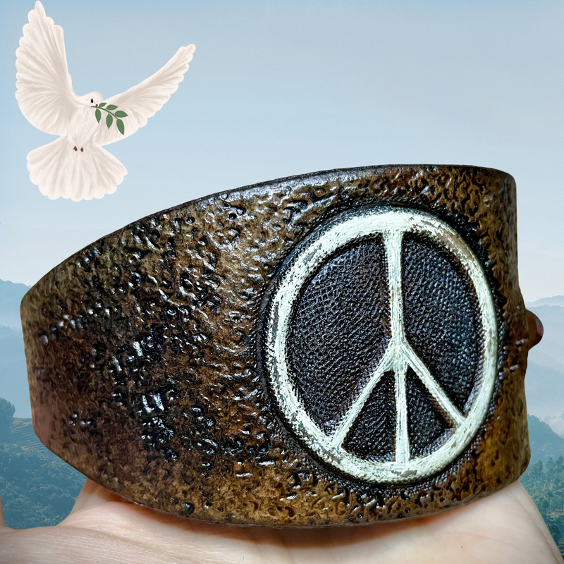 Hand tooled leather cuff bracelet with a peace sign - Vintage looking jewelry Abby Gemsplusleather - Hippie bracelet - Adjustable bracelet