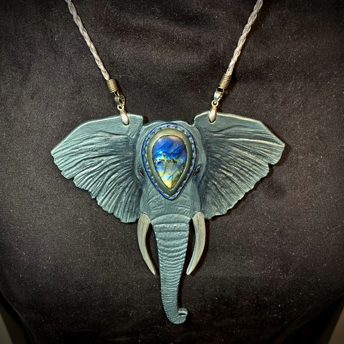 Hand tooled leather elephant pendant with rainbow labradorite - Animal pendant - Handmade artisan jewelry - Original gift for her