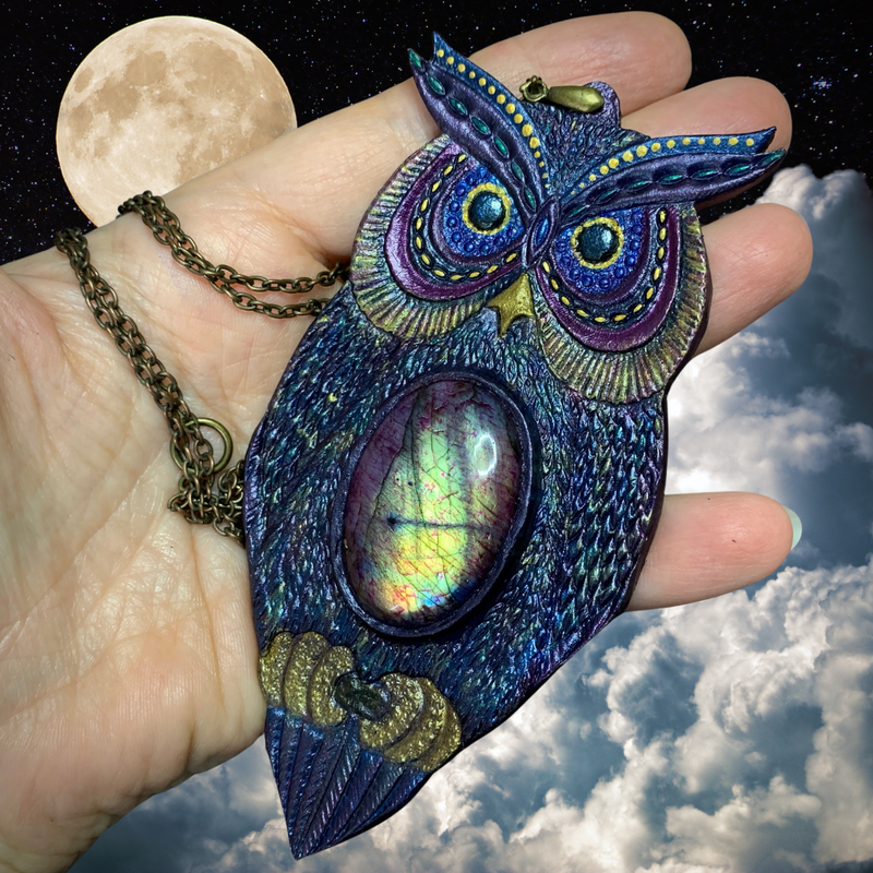 Hand tooled leather iridescent fantasy owl pendant with amazing rainbow labradorite - Exclusive jewelry by GemsPlusLeather - Leather gift for her