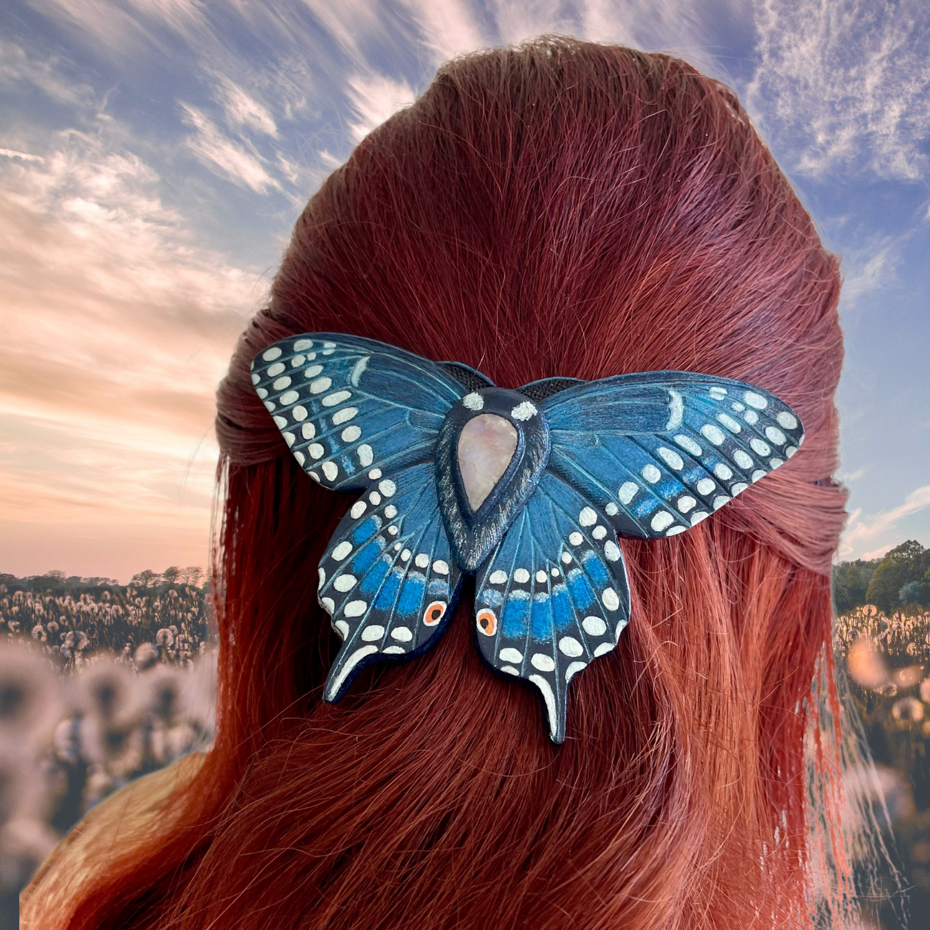 Tooled leather swallowtail butterfly hair barrette with moonstone - Hand tooled leather hair clip by GemsPlusLeather - Exclusive gift for her