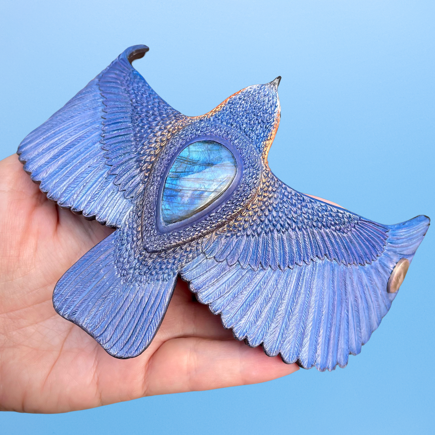 Tooled leather Bluebird bracelet - Hand tooled and hand painted leather bluebird cuff bracelet with blue labradorite cabochon