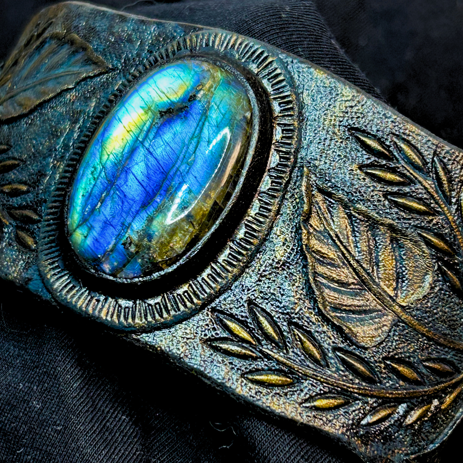 Tooled leather jewelry by Gemsplusleather - Antique bronze looking tooled leather cuff bracelet with blue labradorite - Leather gift for her