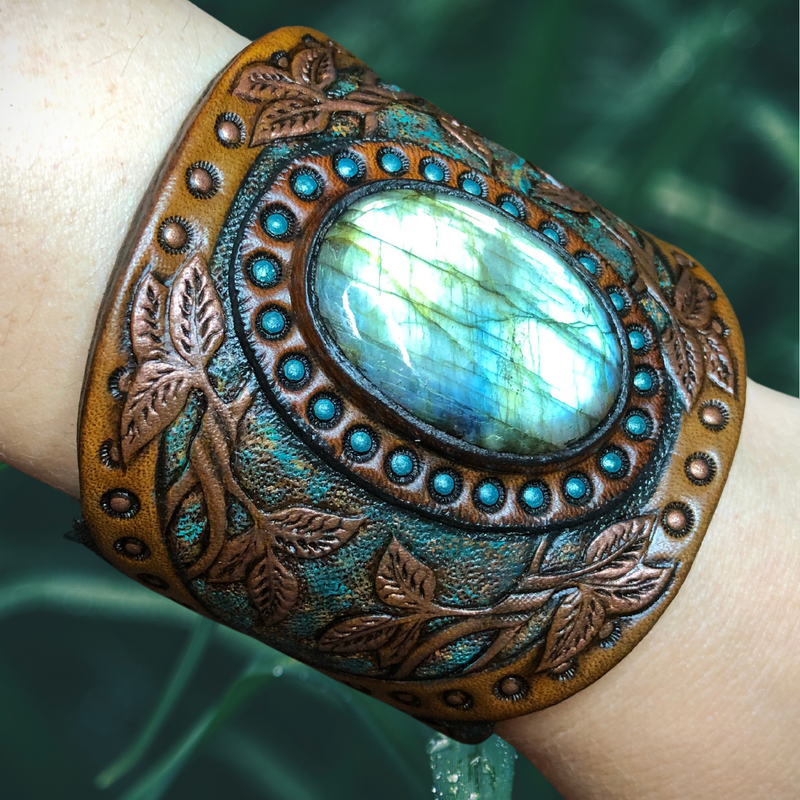 Tooled leather cuff bracelet with blue labradorite centrepiece and copper color vines - Exclusive Boho bracelet by GemsPlusLeather