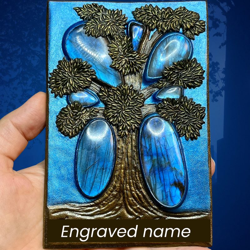 Tooled leather appliqué / patch with tree of life and blue labradorites
