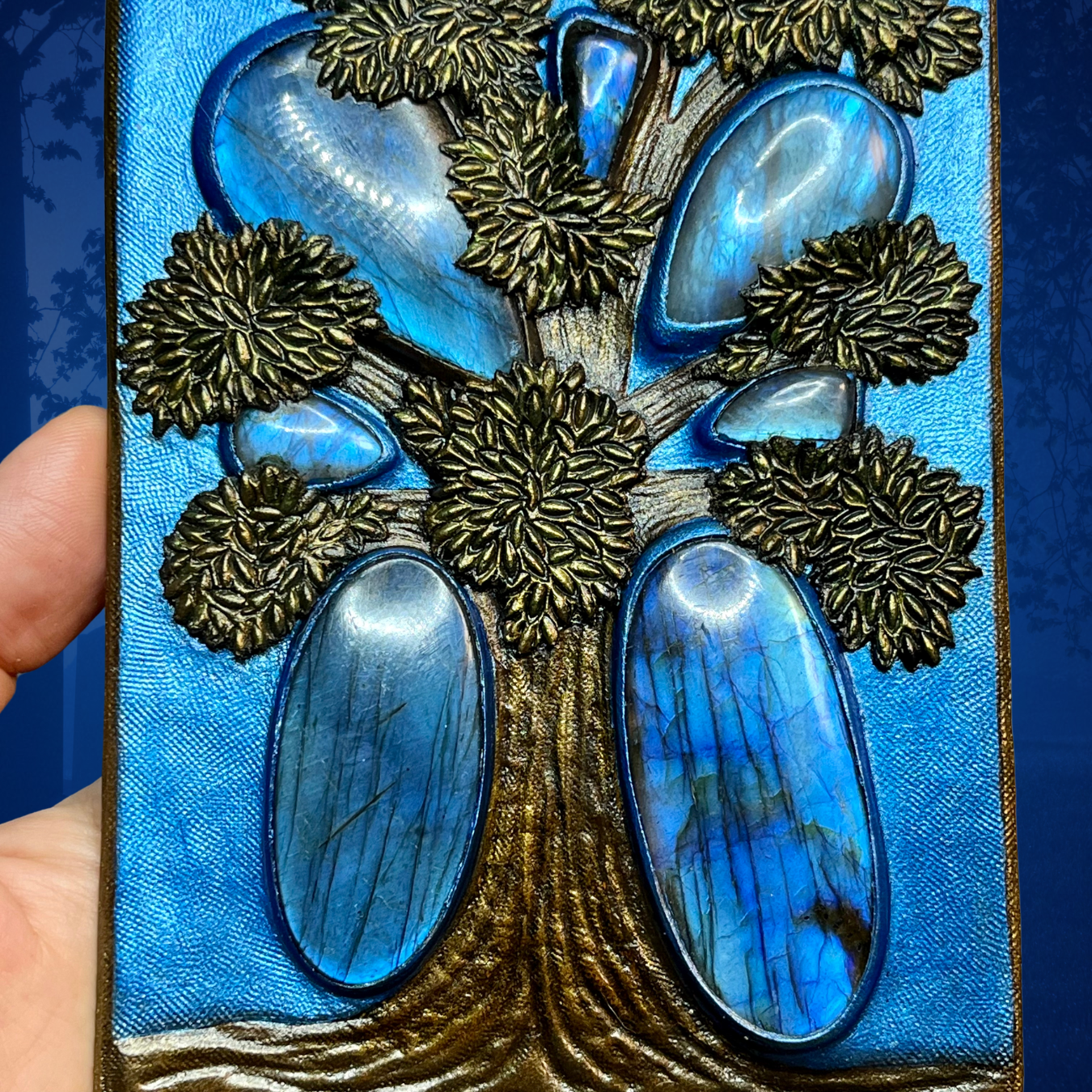 Hand tooled and hand painted leather appliqué / patch with tree of life and blue labradorites by GEMSPLUSLEATHER - Exclusive box cover