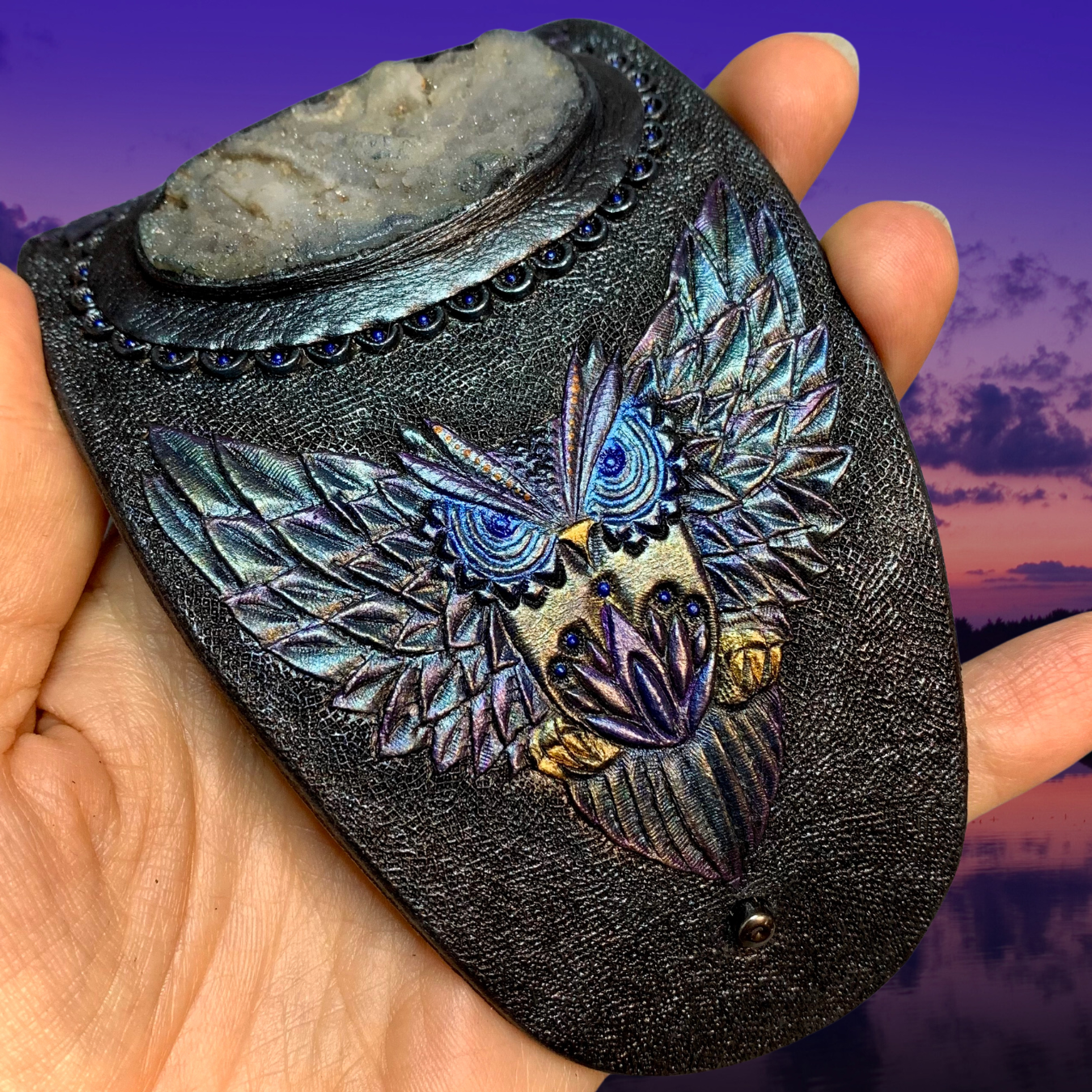 Tooled leather cuff bracelet with rainbow owls and chalcedony druzy - Exclusive fantasy jewelry by GemsPlusLeather