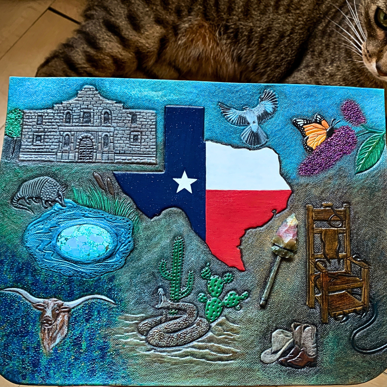 Tooled leather bag appliqué / patch with symbols of Texas - Exclusive accessories for real patriots by GemsPlusLeather