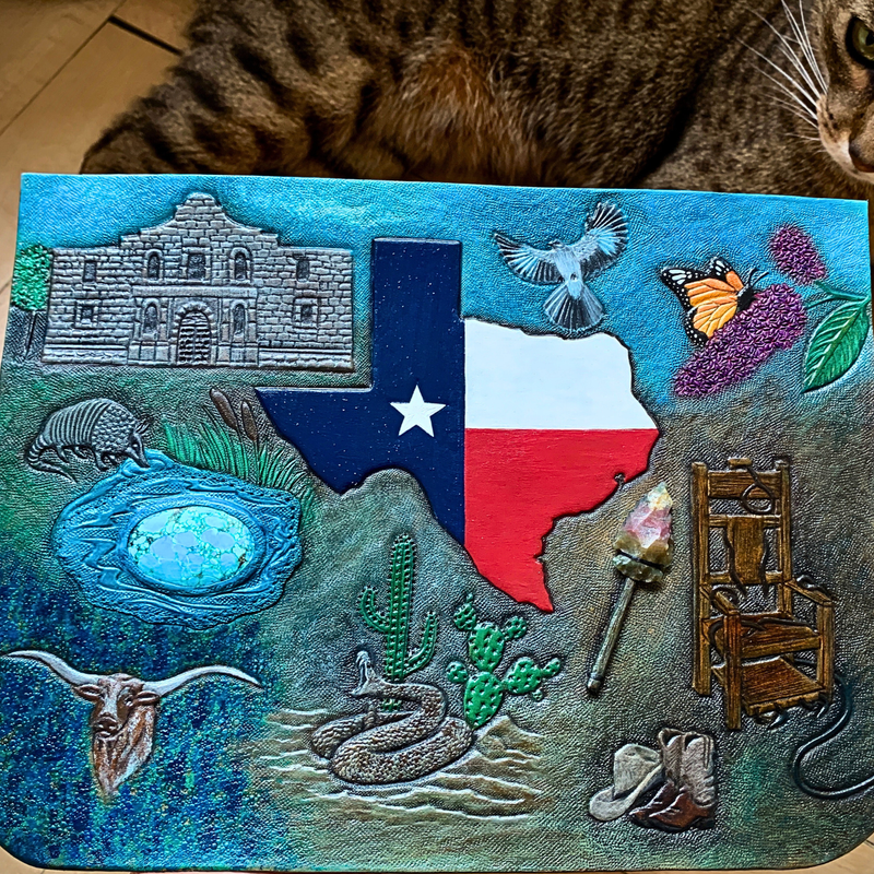 Tooled leather bag appliqué / patch with symbols of Texas