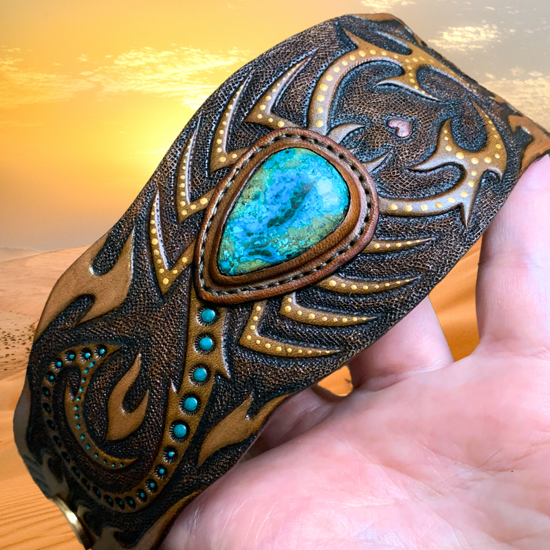 Tooled leather cuff bracelet with scorpion and chrysocolla cabochon - Artisan jewelry by Gemsplusleather