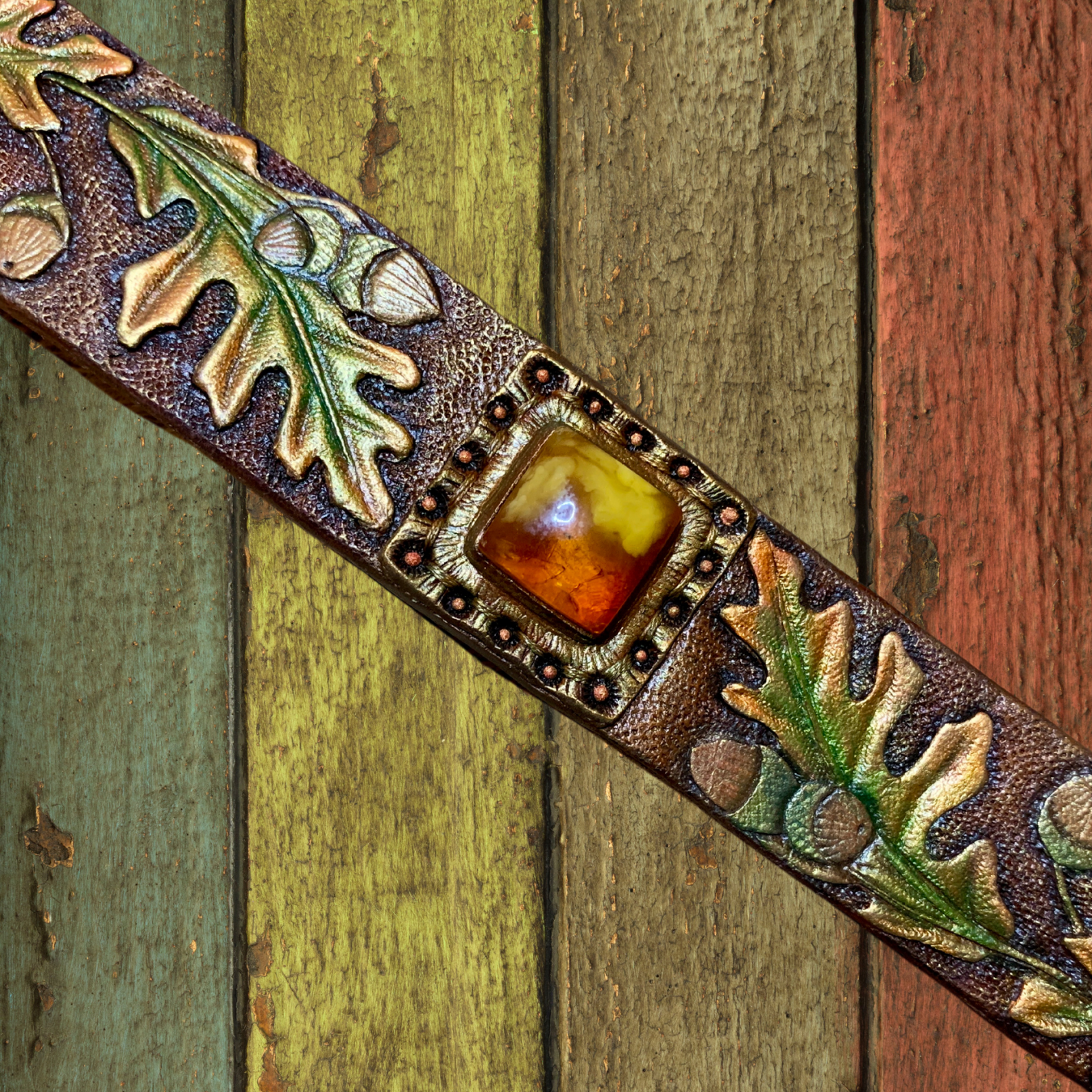 Tooled leather Boho bracelet with natural Baltic amber and carved oak leaves and acorns - Stylish jewelry by GemsPlusLeather