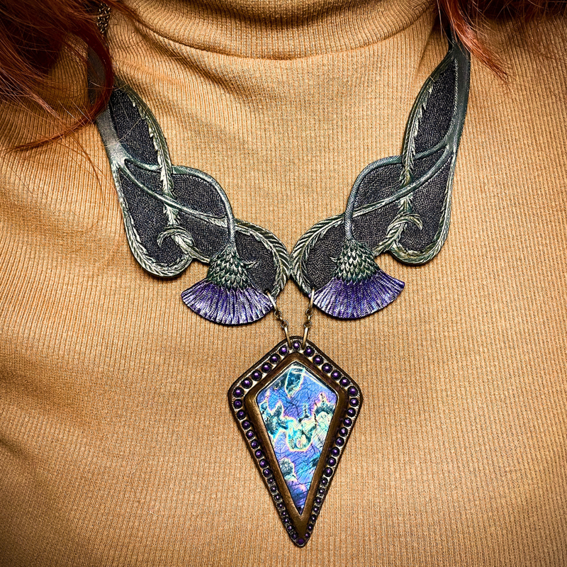 Tooled leather thistle necklace with purple spectrolite labradorite