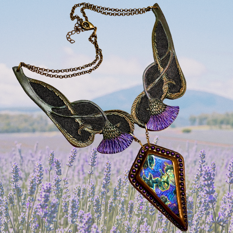 Tooled leather thistle necklace with purple spectrolite labradorite - Handmade fantasy jewelry by GemsPlusLeather