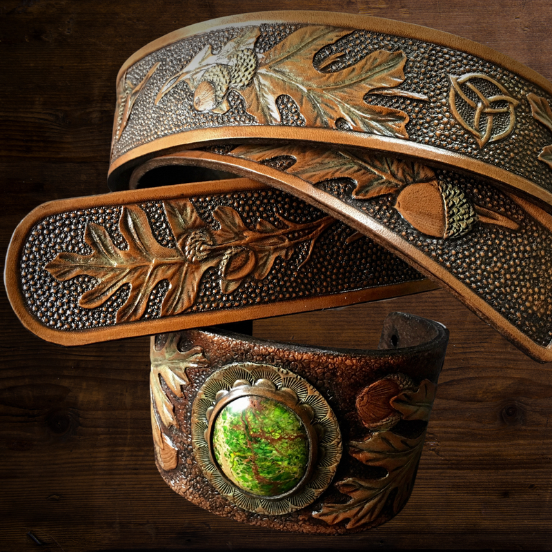 Tooled leather belt and cuff with oak leaves and acorns - Exclusive handmade leather jewelry and accessories by GemsPlusLeather