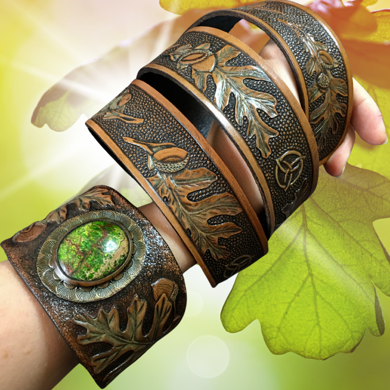 Tooled leather belt and cuff with oak leaves and acorns