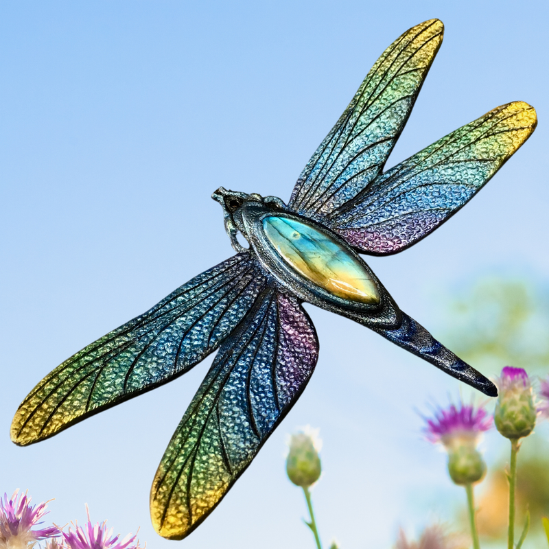Tooled leather dragonfly brooch / pendant transformer with rainbow labradorite -  Iridescent fantasy dragonfly by GemsPlusLeather