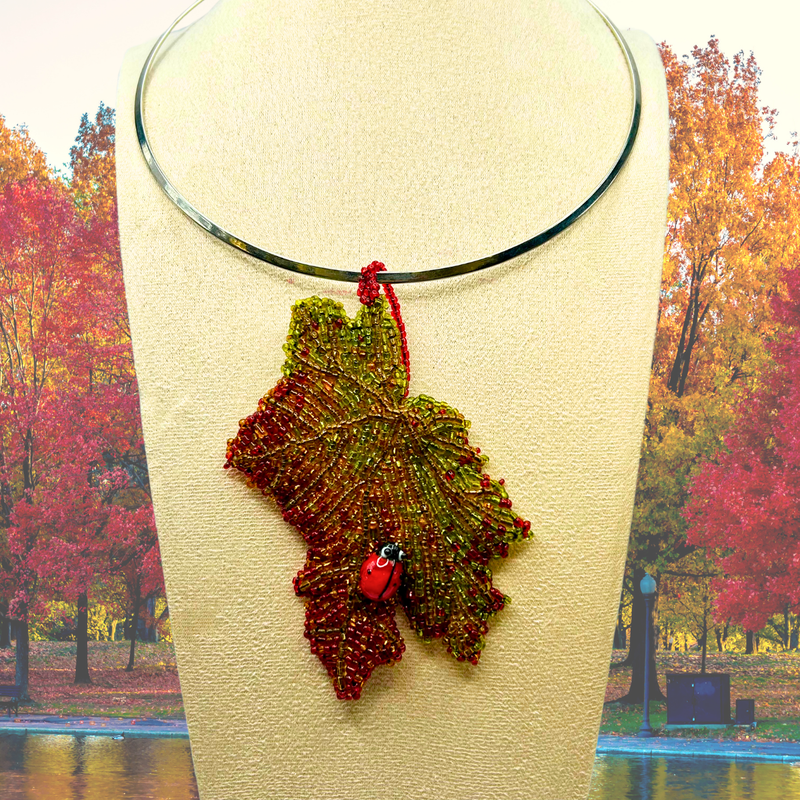 Bead embroidered maple leaf brooch / pendant transformer with ladybug bead - Handmade artisan jewelry by GemsPlusLeather
