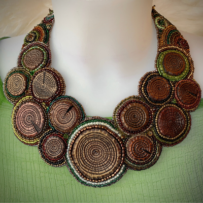 Boho necklace with tooled leather and bead embroidery