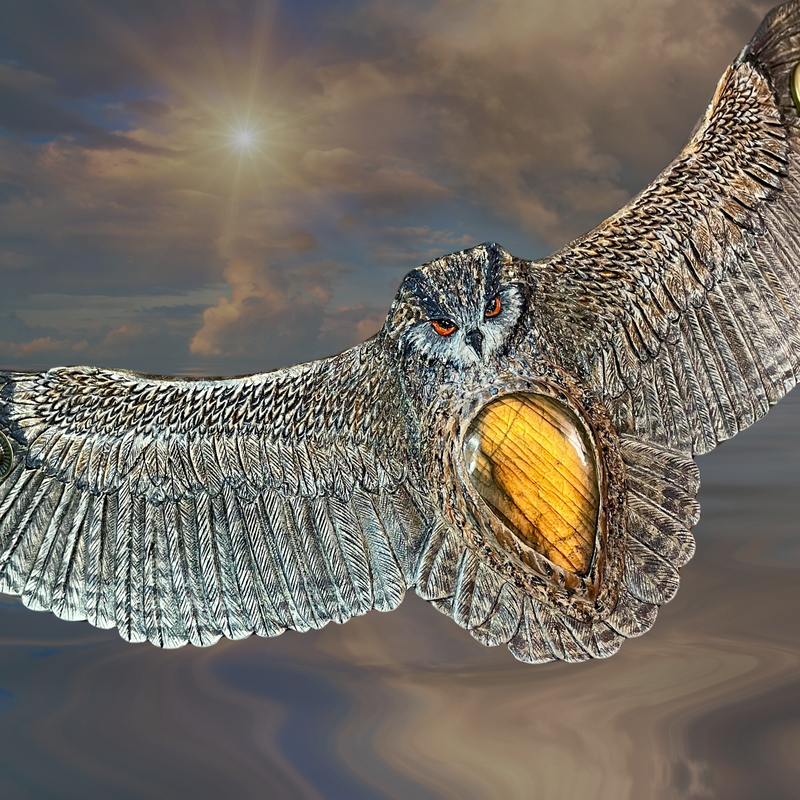 Tooled leather Eagle owl bracelet - Hand tooled and hand painted leather owl cuff bracelet with golden labradorite cabochon