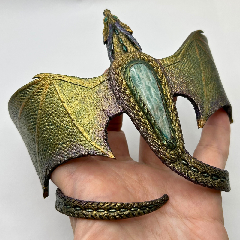 Tooled leather dragon bracelet with amazonite