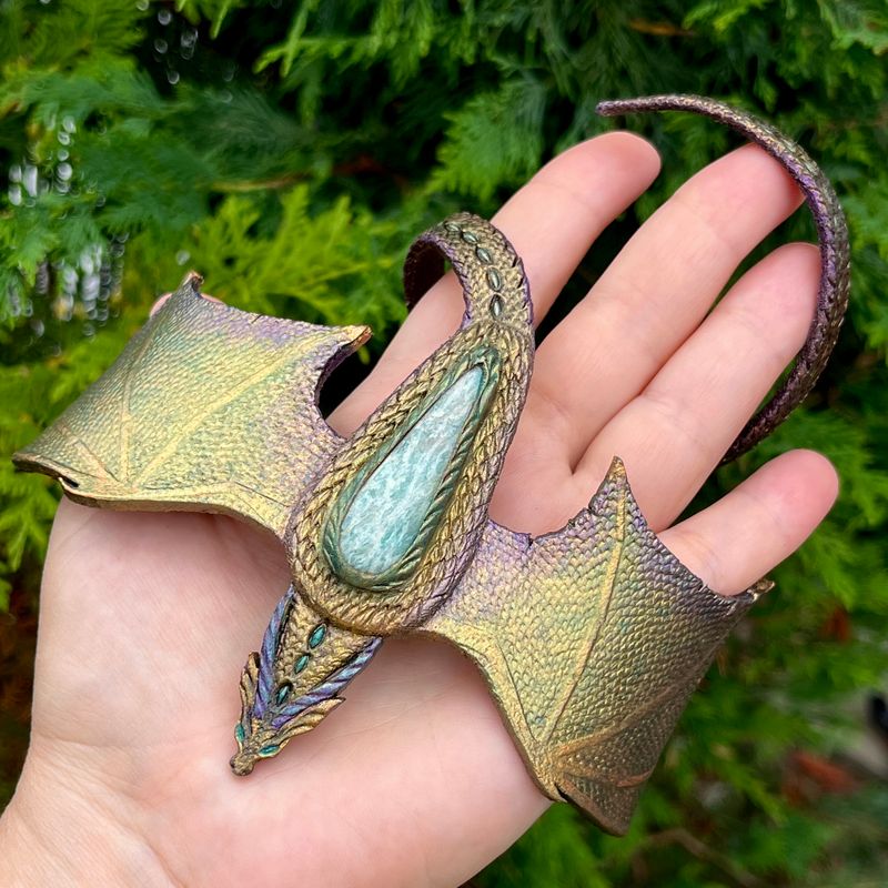 Tooled leather dragon bracelet with amazonite