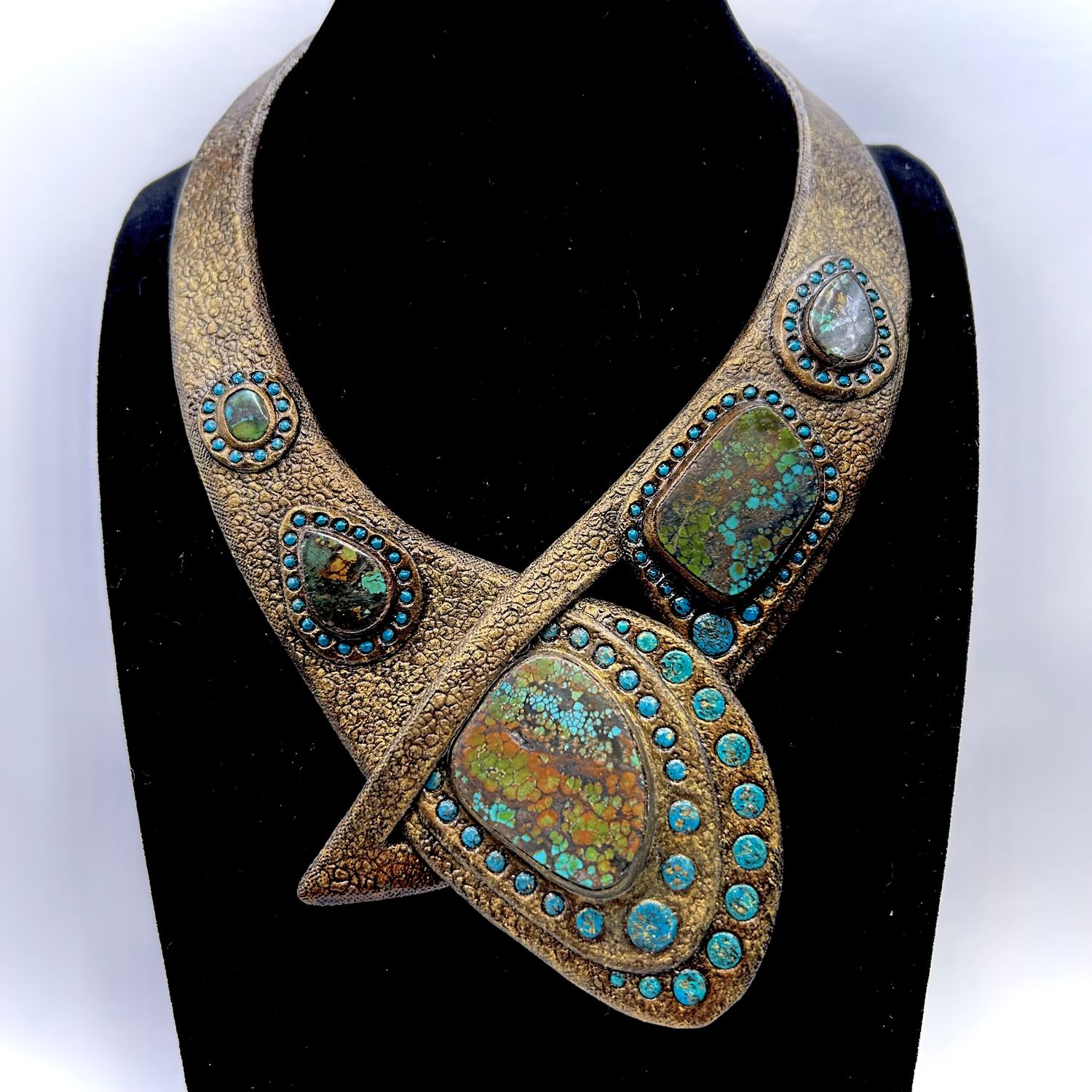 Tooled leather necklace imitating aged gold, featuring Hubei turquoise - Boho jewelry by GemsPlusLeather