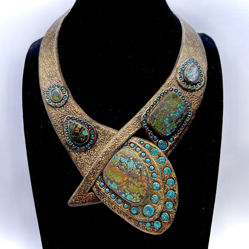 Tooled leather necklace imitating aged gold, featuring Hubei turquoise - Boho jewelry by GemsPlusLeather